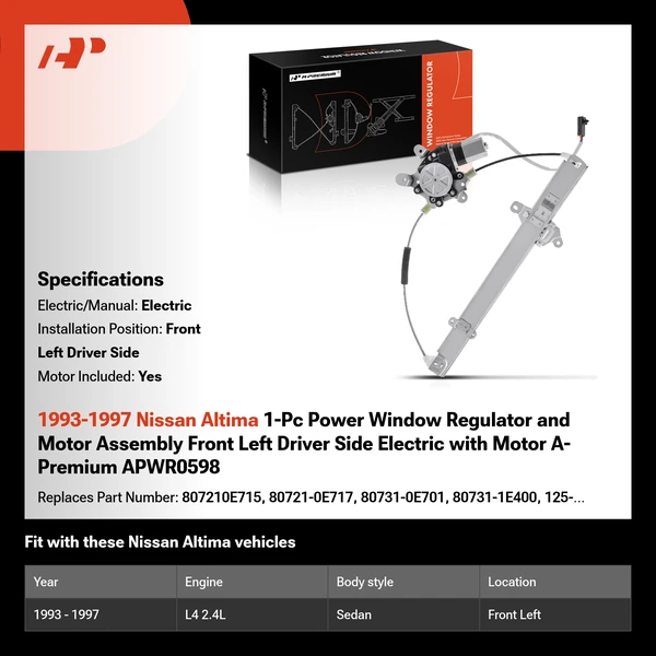 1993-1997 Nissan Altima 1-Pc Power Window Regulator and Motor Assembly Front Left Driver Side Electric with Motor A-Premium APWR0598