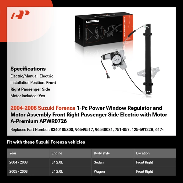 2004-2008 Suzuki Forenza 1-Pc Power Window Regulator and Motor Assembly Front Right Passenger Side Electric with Motor A-Premium APWR0726