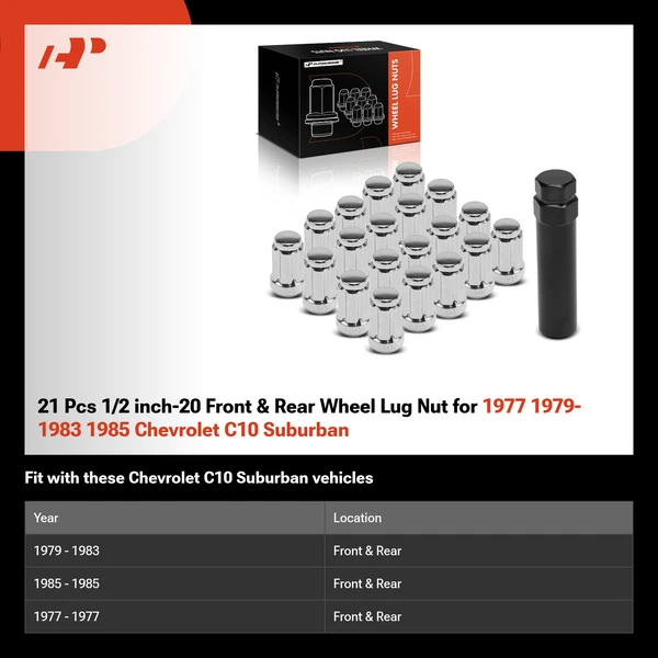 21 Pcs 1/2 inch-20 Front & Rear Wheel Lug Nut for 1977 1979-1983 1985 Chevrolet C10 Suburban