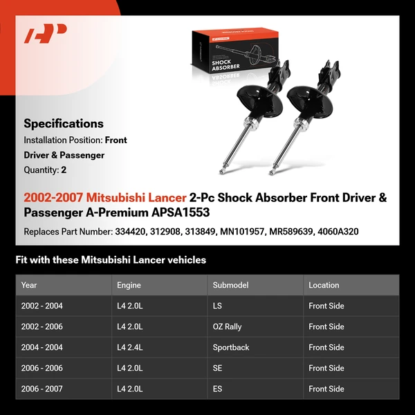 2002-2007 Mitsubishi Lancer 2-Pc Shock Absorber Front Driver & Passenger A-Premium APSA1553