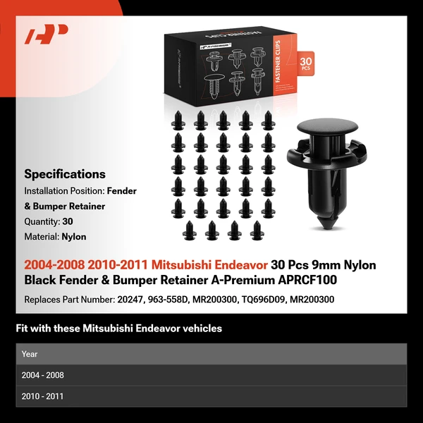 2004-2008 2010-2011 Mitsubishi Endeavor 30 Pcs 9mm Nylon Black Fender & Bumper Retainer A-Premium APRCF100