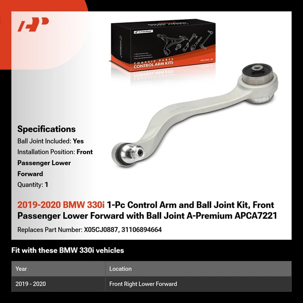2019-2020 BMW 330i 1-Pc Control Arm and Ball Joint Kit, Front Passenger Lower Forward with Ball Joint A-Premium APCA7221