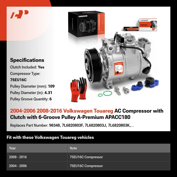 2004-2006 2008-2016 Volkswagen Touareg AC Compressor with Clutch with 6-Groove Pulley A-Premium APACC180