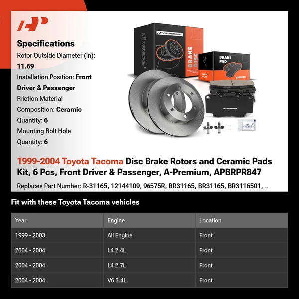 1999-2004 Toyota Tacoma Disc Brake Rotors and Ceramic Pads Kit, 6 Pcs, Front Driver & Passenger, A-Premium, APBRPR847