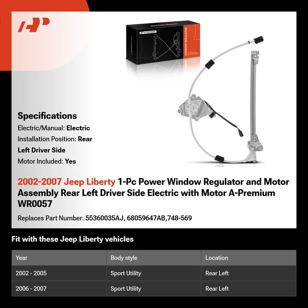 2002-2007 Jeep Liberty 1-Pc Power Window Regulator and Motor Assembly Rear Left Driver Side Electric with Motor A-Premium WR0057