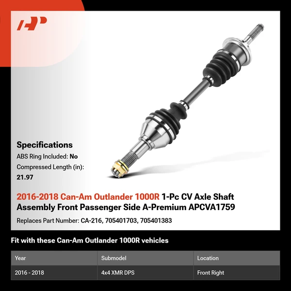 2016-2018 Can-Am Outlander 1000R 1-Pc CV Axle Shaft Assembly Front Passenger Side A-Premium APCVA1759
