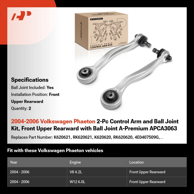 2004-2006 Volkswagen Phaeton 2-Pc Control Arm and Ball Joint Kit, Front Upper Rearward with Ball Joint A-Premium APCA3063