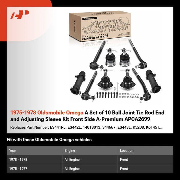 1975-1978 Oldsmobile Omega A Set of 10 Ball Joint Tie Rod End and Adjusting Sleeve Kit Front Side A-Premium APCA2699