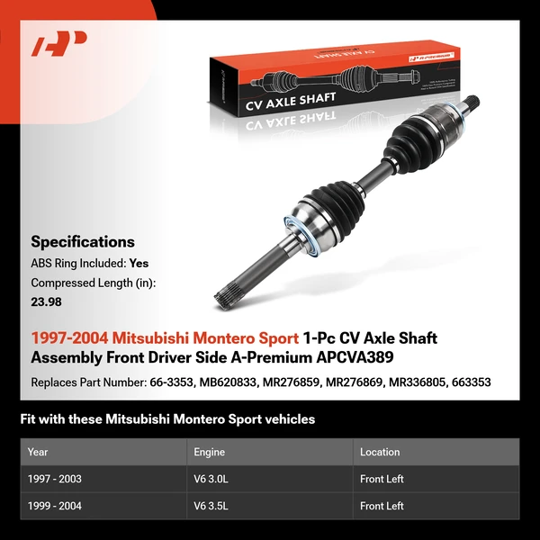 1997-2004 Mitsubishi Montero Sport 1-Pc CV Axle Shaft Assembly Front Driver Side A-Premium APCVA389