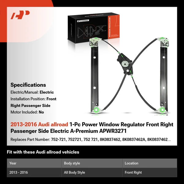 2013-2016 Audi allroad 1-Pc Power Window Regulator Front Right Passenger Side Electric A-Premium APWR3271