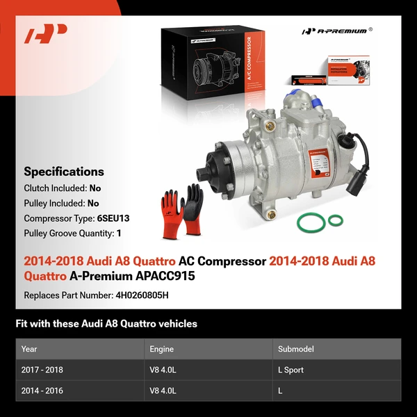 2014-2018 Audi A8 Quattro AC Compressor 2014-2018 Audi A8 Quattro A-Premium APACC915