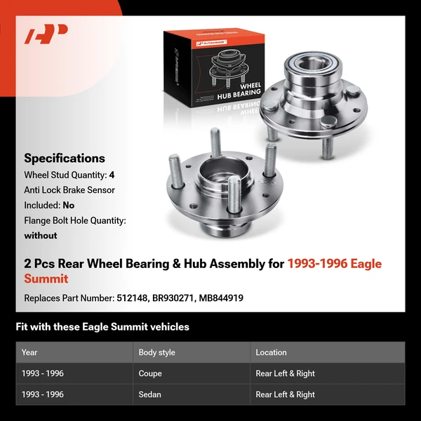 2 Pcs Rear Wheel Bearing & Hub Assembly for 1993-1996 Eagle Summit