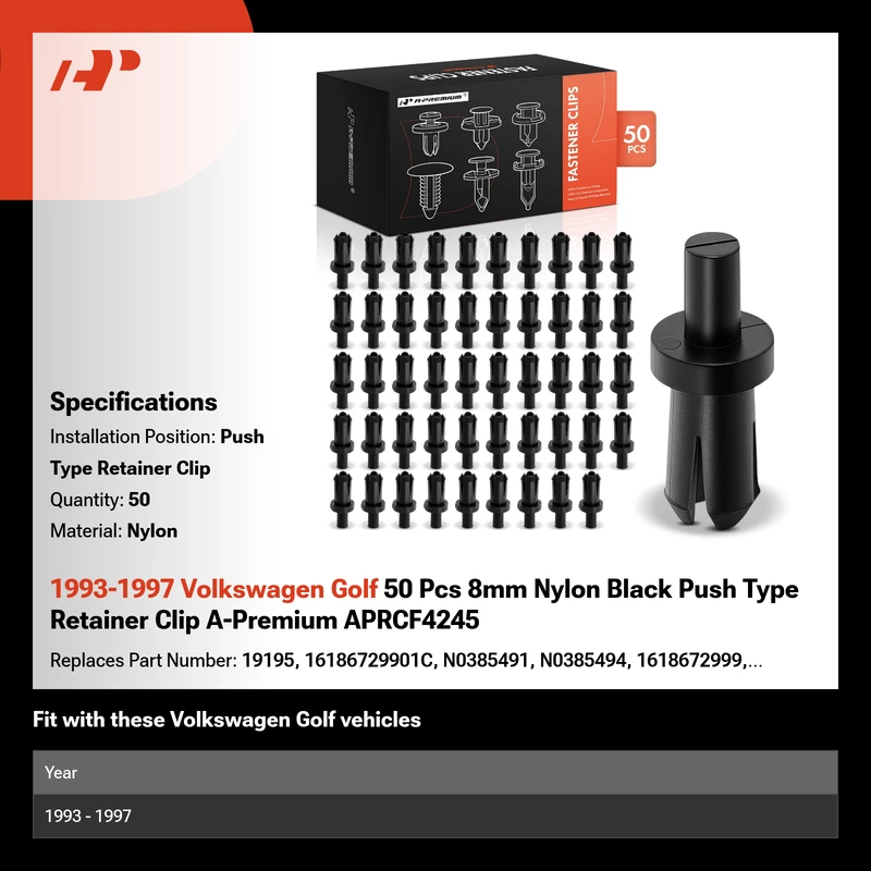 1993-1997 Volkswagen Golf 50 Pcs 8mm Nylon Black Push Type Retainer Clip A-Premium APRCF4245