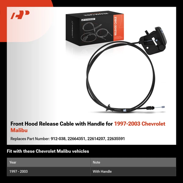 Front Hood Release Cable with Handle for 1997-2003 Chevrolet Malibu