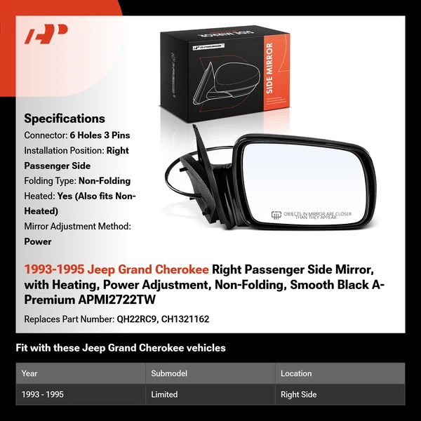 1993-1995 Jeep Grand Cherokee Right Passenger Side Mirror, with Heating, Power Adjustment, Non-Folding, Smooth Black A-Premium APMI2722TW