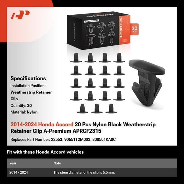 2014-2024 Honda Accord 20 Pcs Nylon Black Weatherstrip Retainer Clip A-Premium APRCF2315