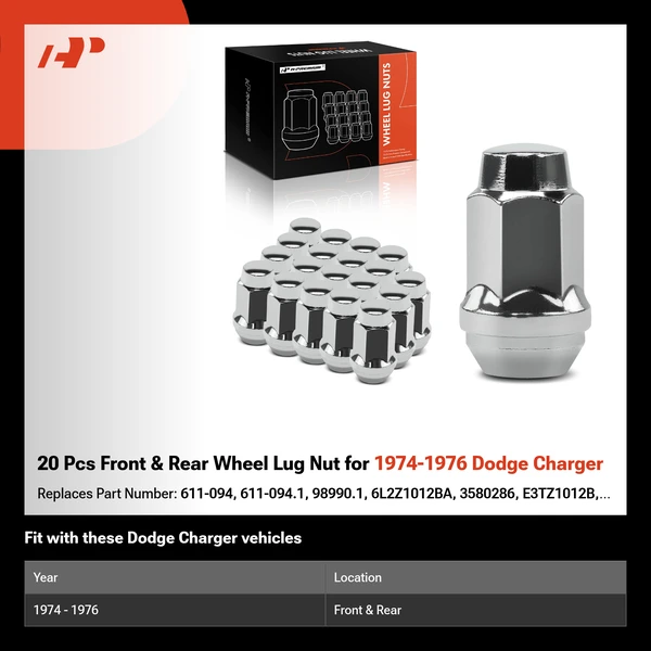 20 Pcs Front & Rear Wheel Lug Nut for 1974-1976 Dodge Charger