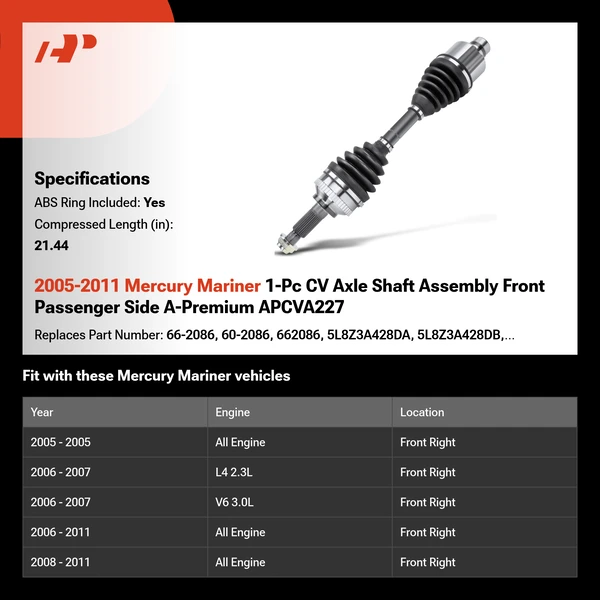 2005-2011 Mercury Mariner 1-Pc CV Axle Shaft Assembly Front Passenger Side A-Premium APCVA227