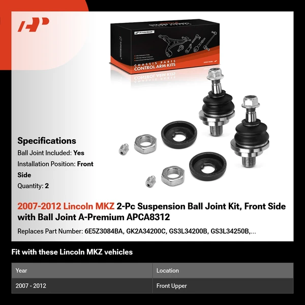 2007-2012 Lincoln MKZ 2-Pc Suspension Ball Joint Kit, Front Side with Ball Joint A-Premium APCA8312