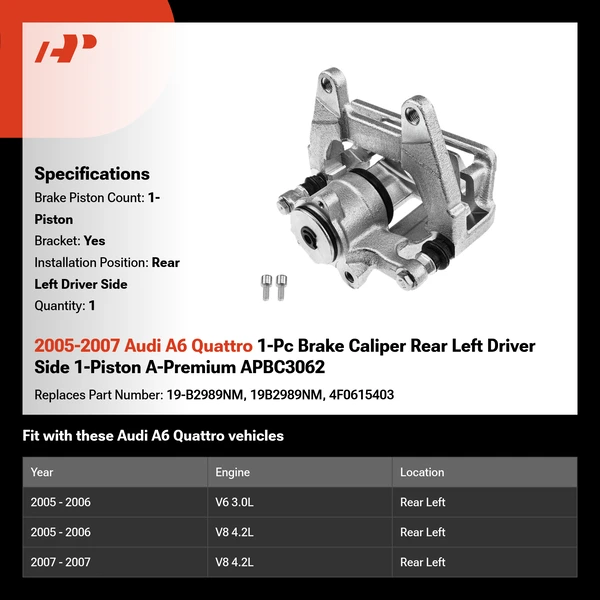 2005-2007 Audi A6 Quattro 1-Pc Brake Caliper Rear Left Driver Side 1-Piston A-Premium APBC3062