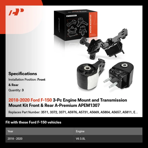 2018-2020 Ford F-150 3-Pc Engine Mount and Transmission Mount Kit Front & Rear A-Premium APEM1307