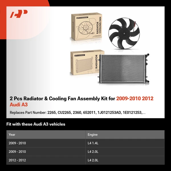 2 Pcs Radiator & Cooling Fan Assembly Kit for 2009-2010 2012 Audi A3