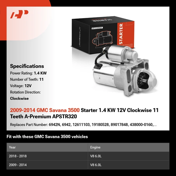 2009-2014 GMC Savana 3500 Starter 1.4 KW 12V Clockwise 11 Teeth A-Premium APSTR320