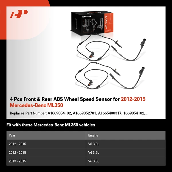 4 Pcs Front & Rear ABS Wheel Speed Sensor for 2012-2015 Mercedes-Benz ML350