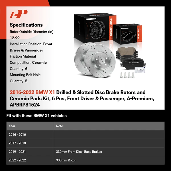 2016-2022 BMW X1 Drilled & Slotted Disc Brake Rotors and Ceramic Pads Kit, 6 Pcs, Front Driver & Passenger, A-Premium, APBRPS1524