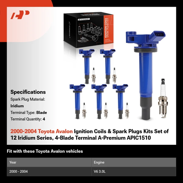 2000-2004 Toyota Avalon Ignition Coils & Spark Plugs Kits Set of 12 Iridium Series, 4-Blade Terminal A-Premium APIC1510