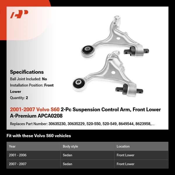 2001-2007 Volvo S60 2-Pc Suspension Control Arm, Front Lower A-Premium APCA0208