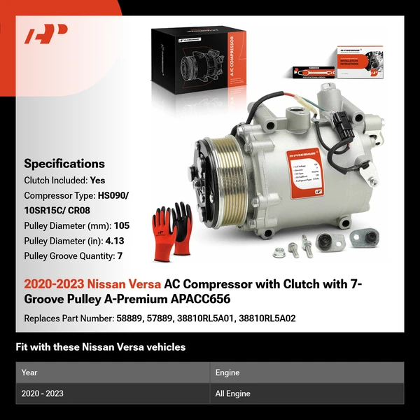 2020-2023 Nissan Versa AC Compressor with Clutch with 7-Groove Pulley A-Premium APACC656