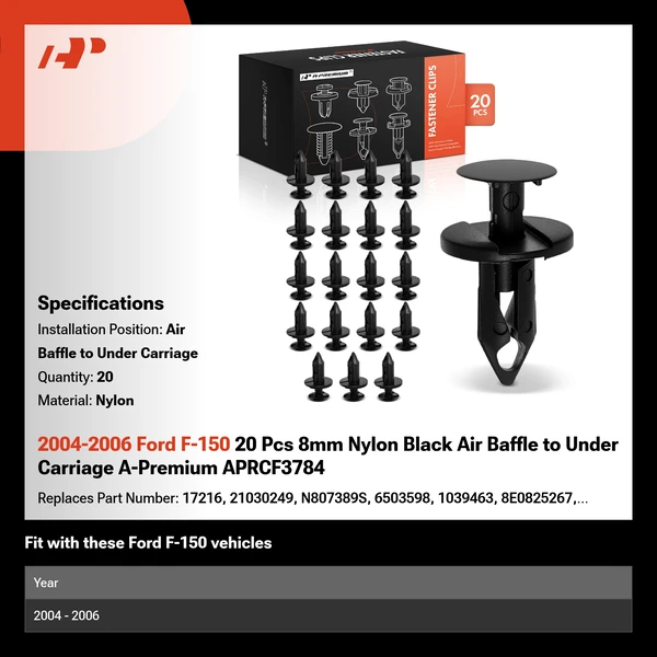 2004-2006 Ford F-150 20 Pcs 8mm Nylon Black Air Baffle to Under Carriage A-Premium APRCF3784