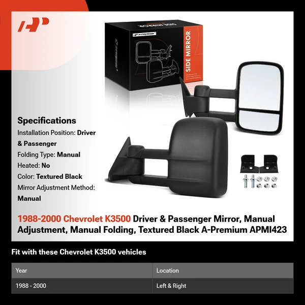 1988-2000 Chevrolet K3500 Driver & Passenger Mirror, Manual Adjustment, Manual Folding, Textured Black A-Premium APMI423
