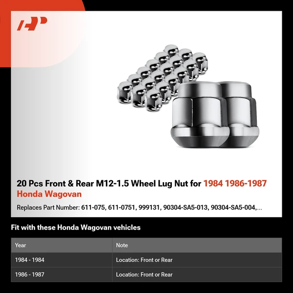 20 Pcs Front & Rear M12-1.5 Wheel Lug Nut for 1984 1986-1987 Honda Wagovan