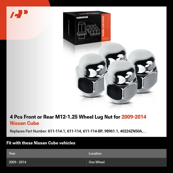 4 Pcs Front or Rear M12-1.25 Wheel Lug Nut for 2009-2014 Nissan Cube