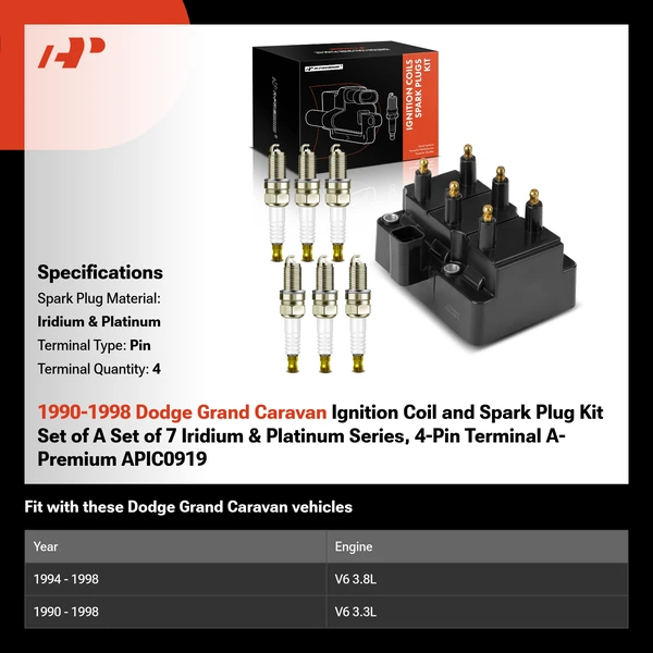 1990-1998 Dodge Grand Caravan Ignition Coil and Spark Plug Kit Set of A Set of 7 Iridium & Platinum Series, 4-Pin Terminal A-Premium APIC0919