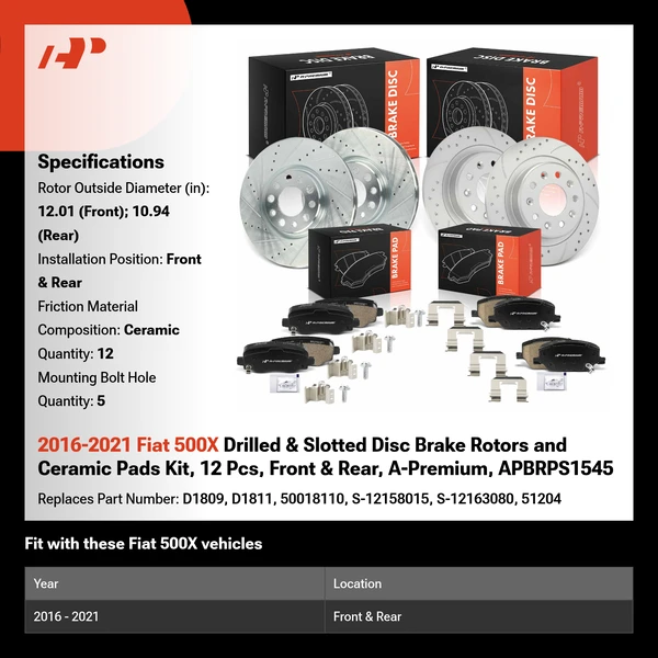 2016-2021 Fiat 500X Drilled & Slotted Disc Brake Rotors and Ceramic Pads Kit, 12 Pcs, Front & Rear, A-Premium, APBRPS1545