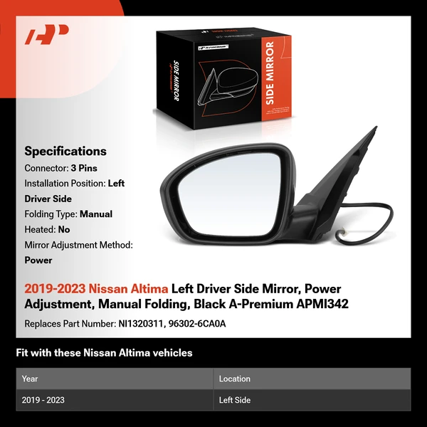 2019-2023 Nissan Altima Left Driver Side Mirror, Power Adjustment, Manual Folding, Black A-Premium APMI342