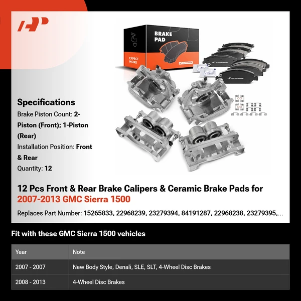 12 Pcs Front & Rear Brake Calipers & Ceramic Brake Pads for 2007-2013 GMC Sierra 1500