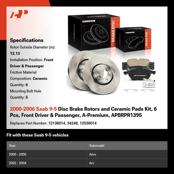 2000-2006 Saab 9-5 Disc Brake Rotors and Ceramic Pads Kit, 6 Pcs, Front Driver & Passenger, A-Premium, APBRPR1395