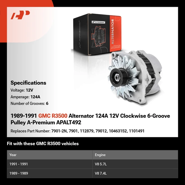 1989-1991 GMC R3500 Alternator 124A 12V Clockwise 6-Groove Pulley A-Premium APALT492