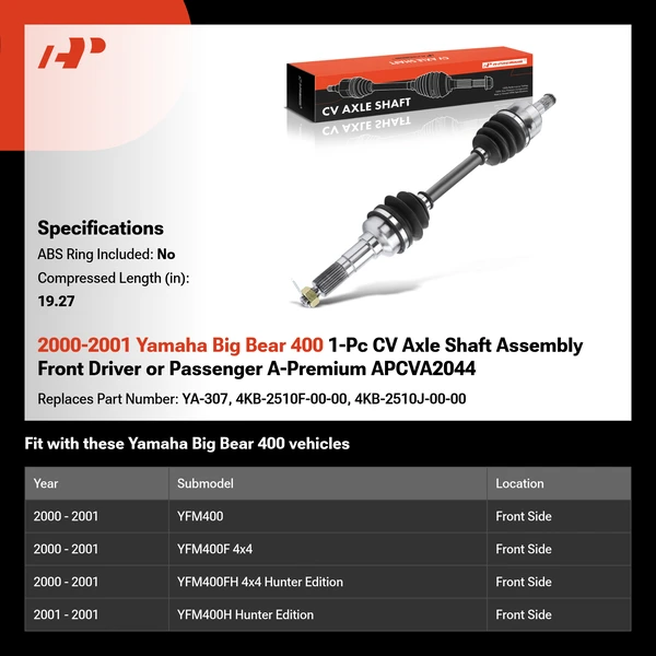 2000-2001 Yamaha Big Bear 400 1-Pc CV Axle Shaft Assembly Front Driver or Passenger A-Premium APCVA2044