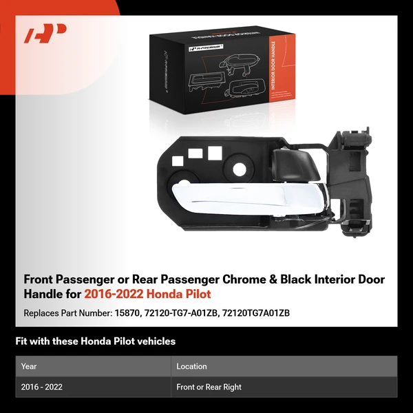 Front Passenger or Rear Passenger Chrome & Black Interior Door Handle for 2016-2022 Honda Pilot