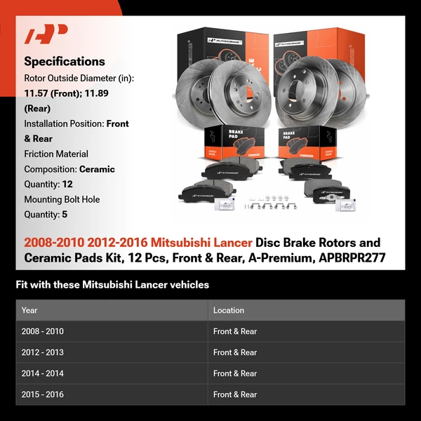 2008-2010 2012-2016 Mitsubishi Lancer Disc Brake Rotors and Ceramic Pads Kit, 12 Pcs, Front & Rear, A-Premium, APBRPR277