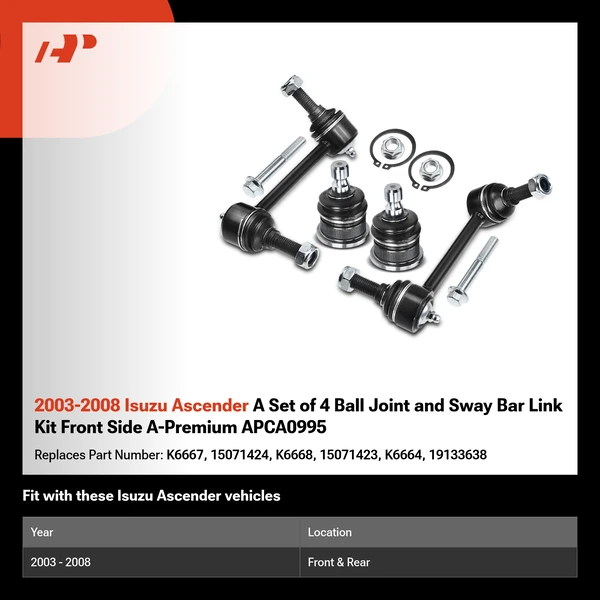2003-2008 Isuzu Ascender A Set of 4 Ball Joint and Sway Bar Link Kit Front Side A-Premium APCA0995
