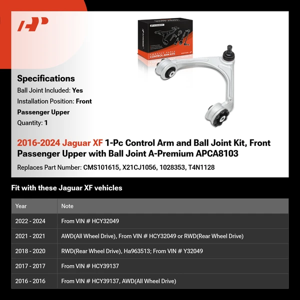 2016-2024 Jaguar XF 1-Pc Control Arm and Ball Joint Kit, Front Passenger Upper with Ball Joint A-Premium APCA8103