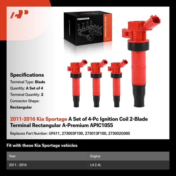 2011-2016 Kia Sportage A Set of 4-Pc Ignition Coil 2-Blade Terminal Rectangular A-Premium APIC1055