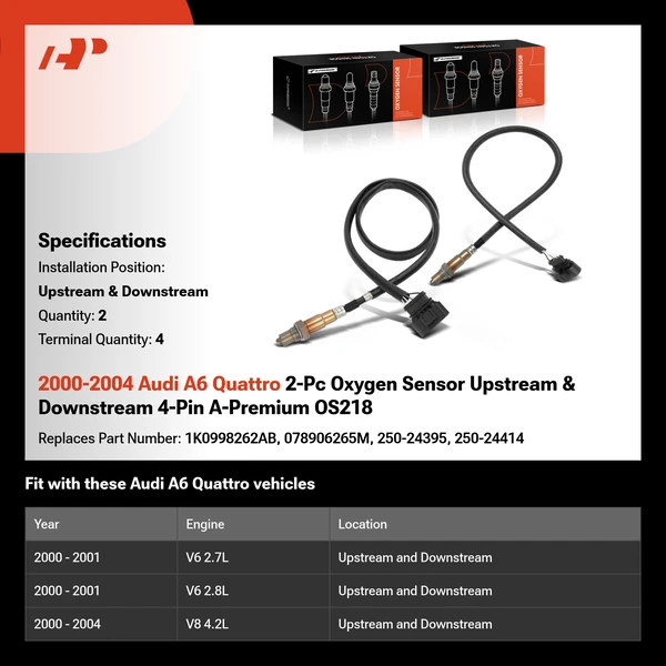 2000-2004 Audi A6 Quattro 2-Pc Oxygen Sensor Upstream & Downstream 4-Pin A-Premium OS218