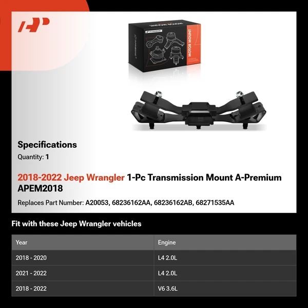 2018-2022 Jeep Wrangler 1-Pc Transmission Mount A-Premium APEM2018